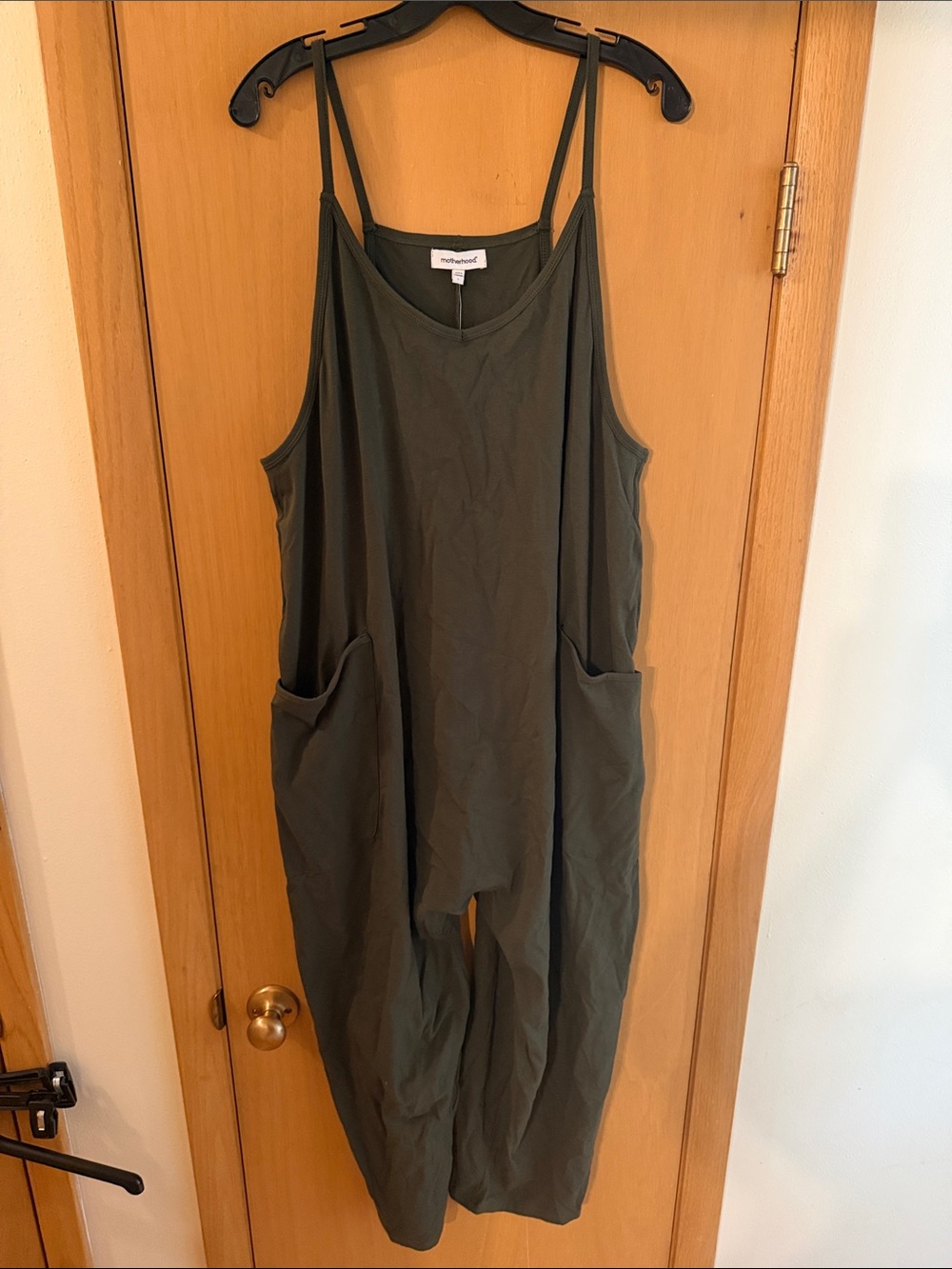 Motherhood Women’s Maternity Spaghetti-Strap Tank Jumpsuit New Olive Green Large